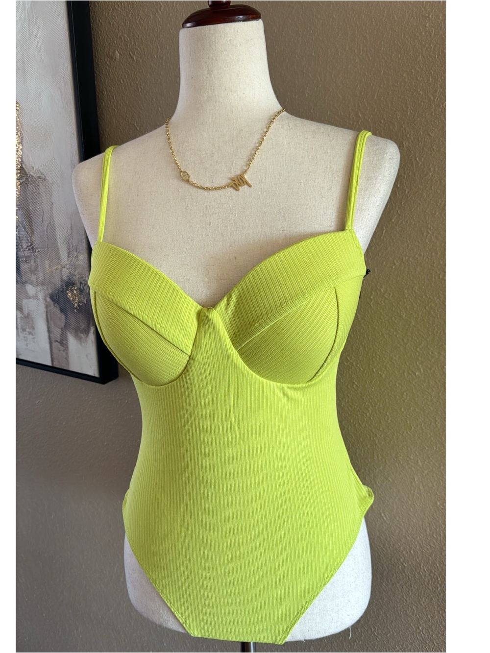 Neon Lime Ribbed Bustier Bodysuit with Underwire - Women - Picture 6 of 7